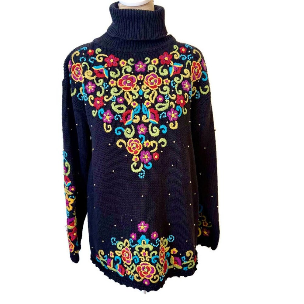 Vintage Gantos Embroidered Beaded Longline Tunic Sweater Cotton Blend Size M